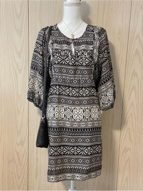 H&M Midi Dress Women’s 10 Puff Sleeve Boho Western Cowgirl Cream + Black Pattern